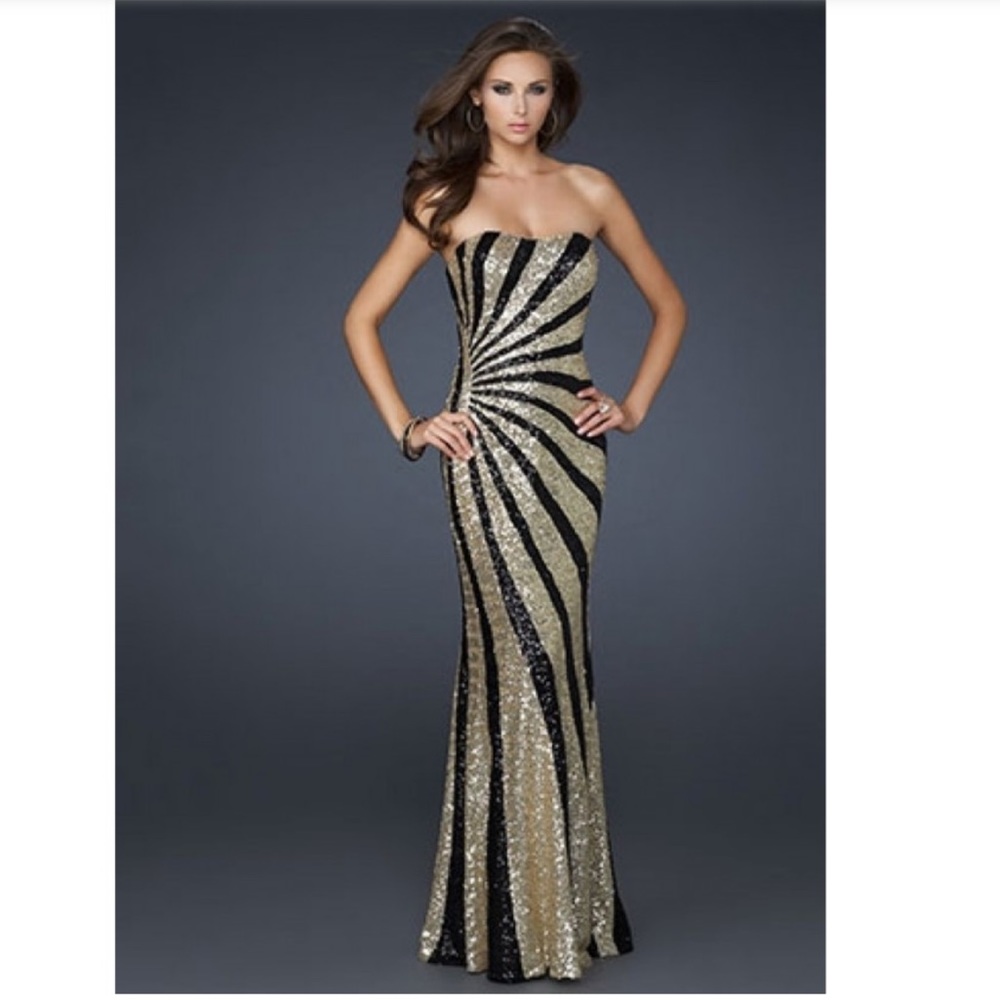 La Femme Sequin Gold and Black Striped Gown